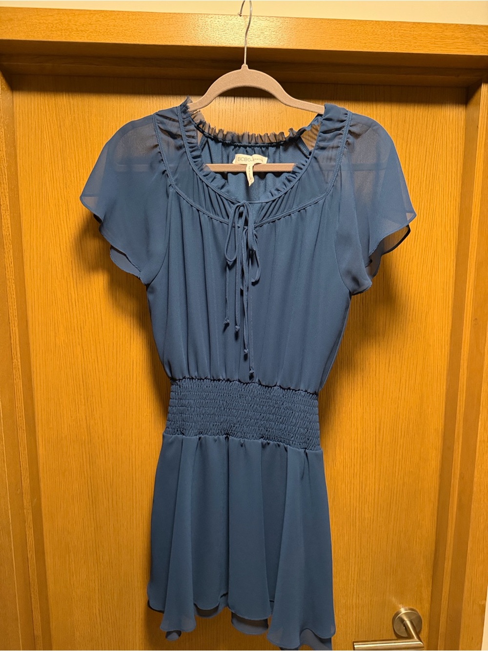 BCBGeneration Blue Tie-Front Smocked Mini Dress